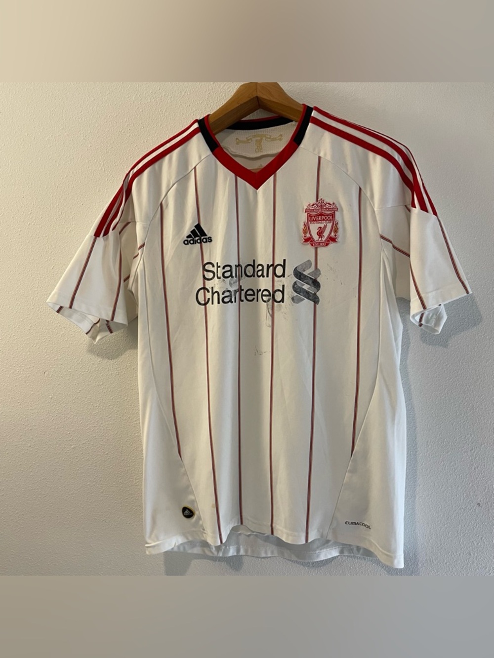 Liverpool FC 2010-2011 Away Jersey Adidas Standard Chartered White size L FLAW